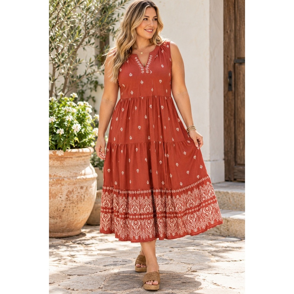 Lucky Brand Terracotta Boho Tiered Midi Dress Rust Medallion Large Cottagecore